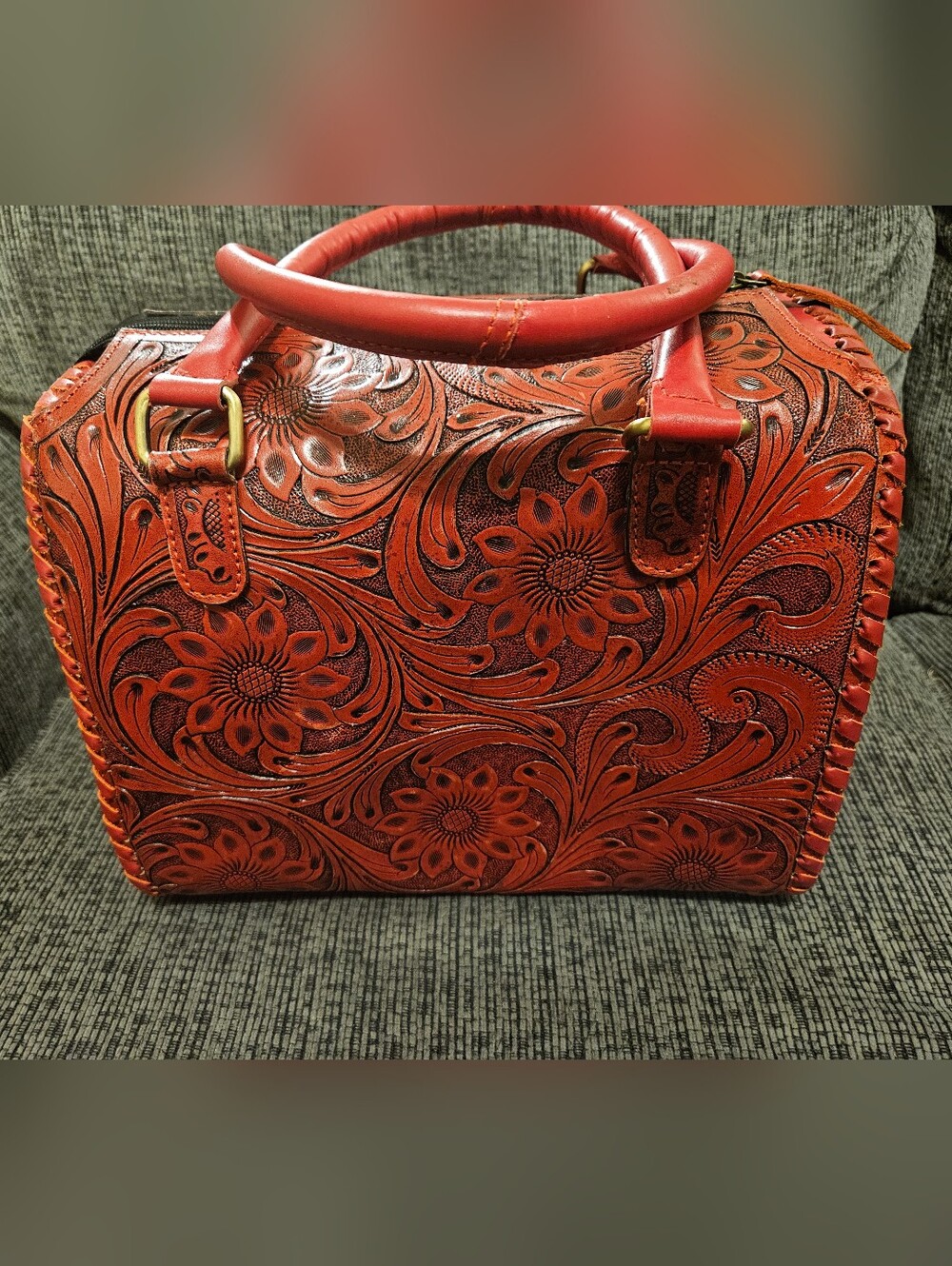 Hand-Tooled Floral Leather Satchel - Red